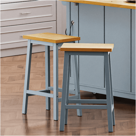 JERFIT Farmhouse Kitchen Counter Stools Set of 2, Grey Blue Solid Wood Bar Chairs with Footrest and A-Frame Design for Dining Room and Home Bar