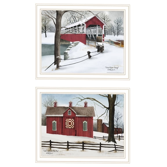 JERFIT Farmhouse Knot Quilt Barn Wall Art, 2-Piece Framed Covered Bridge Print, White Multi Canvas Look for Living Room Bedroom Decor