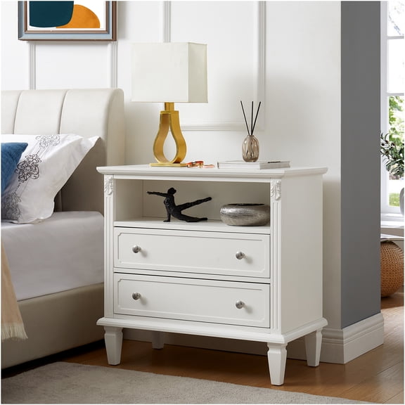 JERFIT Farmhouse Nightstand with Charging Station, 2-Drawer & Open Shelf End Table with USB Ports & Outlets, Fluted Design Bedside Table for Bedroom