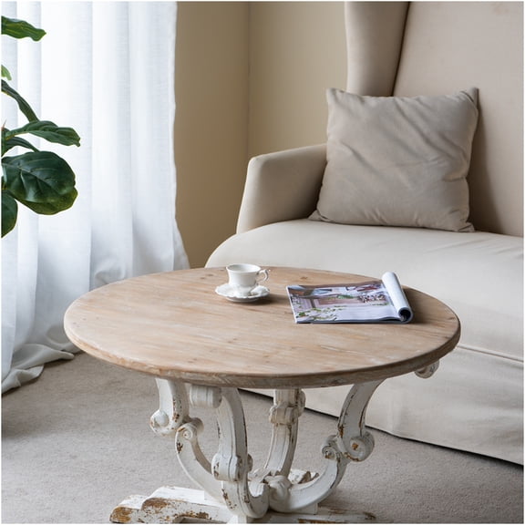 JERFIT Farmhouse Round Coffee Table, 32" White Distressed Wood Ottoman with Scroll Legs for Living Room