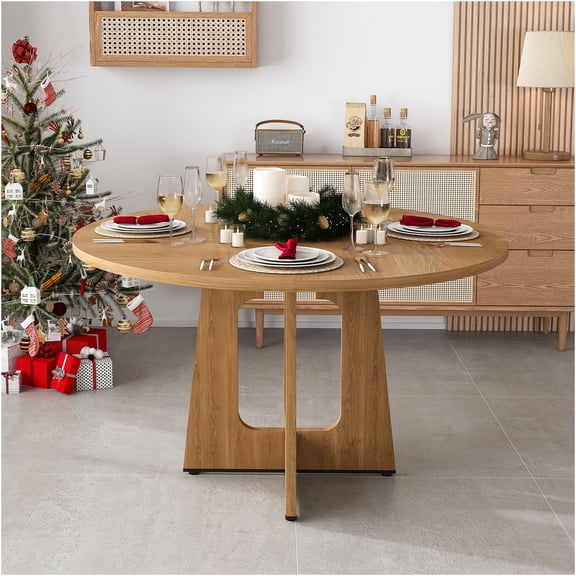 JERFIT Farmhouse Round Dining Table for 4, Kitchen Circle Table with Ancient Oak Finish, Easy Assembly for Dining Room and Breakfast Nook