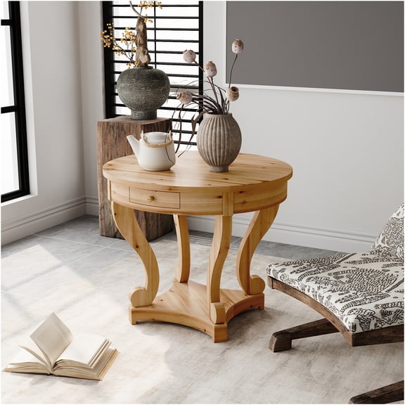 JERFIT Farmhouse Round Table with Storage Drawers, Small Natural Wood End Table for Kitchen, Living Room, Dining Room, Coffee Table or Side Table