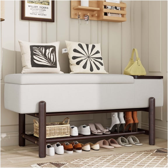 JERFIT Farmhouse Storage Bench with Lift Top, Upholstered Entryway Seat with Hidden Compartment for Hallway, Living Room, Espresso Finish