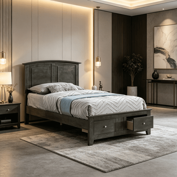 JERFIT Farmhouse Twin Size Storage Bed with 2 Drawers, Wooden Platform Bed Frame with Slatted Base, No Box Spring Needed, Gray Finish
