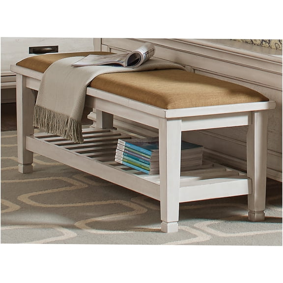 JERFIT Farmhouse Upholstered Storage Bench with Slatted Shelf, Ivory White Wooden Bench for Bedroom, Entryway, Kitchen