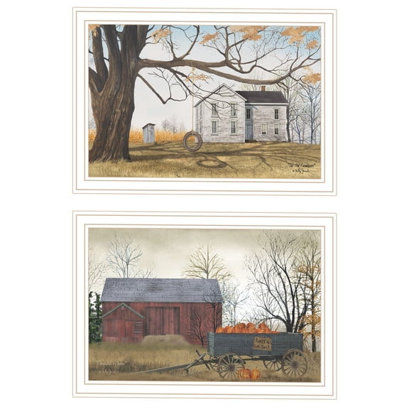 JERFIT Farmhouse Wall Art Set of 2, White Framed Barn & Pumpkin Wagon Print, Multicolor Country Canvas Look Wood Wall Decor for Living Room Bedroom