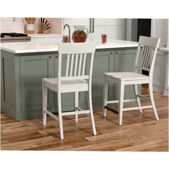 JERFIT Farmhouse White Wood Counter Stools Set of 2, Modern Kitchen Island Bar Stools with Slatted Back and Comfortable Footrest