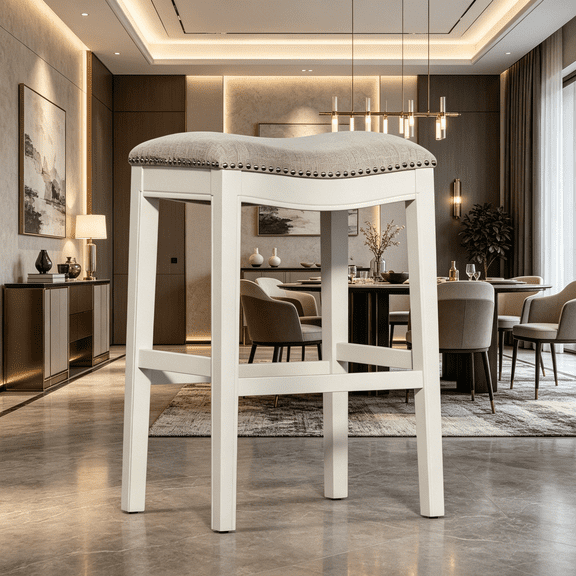 JERFIT Farmhouse Whitewash Bar Stool with Gray Upholstered Seat, Backless Saddle Stool with Nailhead Trim, Solid Wood Bar Height Stool for Kitchen Island, Breakfast Nook, and Home Decor