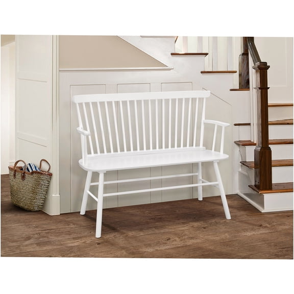 JERFIT Farmhouse Wooden Bench with Spindle Back, White Accent Chair for Entryway, Kitchen, Living Room