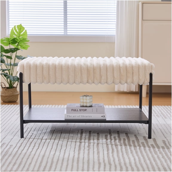 JERFIT Faux Fur Ottoman with Storage, 30.7 Inch Upholstered Footrest Stool with Black Metal Legs, Beige Footstool Coffee Table for Living Room, Bedroom