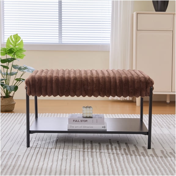 JERFIT Faux Fur Ottoman with Storage Shelf, Multi-Functional Footstool Coffee Table with Black Metal Legs for Living Room, Bedroom, Brown