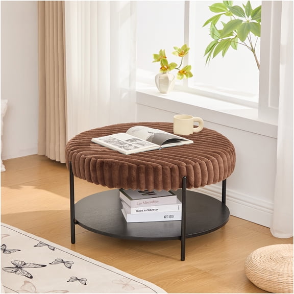 JERFIT Faux Fur Round Ottoman Coffee Table with Storage, Footrest Stool for Living Room, Brown