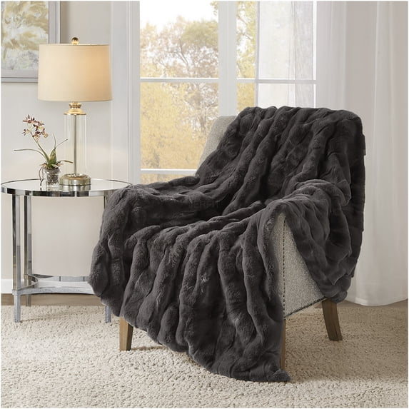 JERFIT Faux Fur & Velvet Plush Throw Blanket, Ultra Soft Cozy Fluffy Bedroom Decor, Luxurious Basketweave Grey Polyester Blanket for Couch, Sofa, Dorm