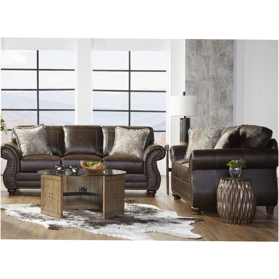JERFIT Faux Leather Sofa and Loveseat Set with Nailhead Trim, Espresso Brown Transitional Living Room Furniture