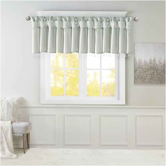 JERFIT Faux Silk Window Valance with Beaded Trim, Dusty Aqua Tab Top Curtain for Living Room, 50x26 Inches