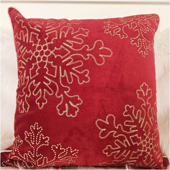 JERFIT Festive Red Velvet Christmas Pillow Cover with Gold Snowflake Embroidery & Insert for Holiday Decor