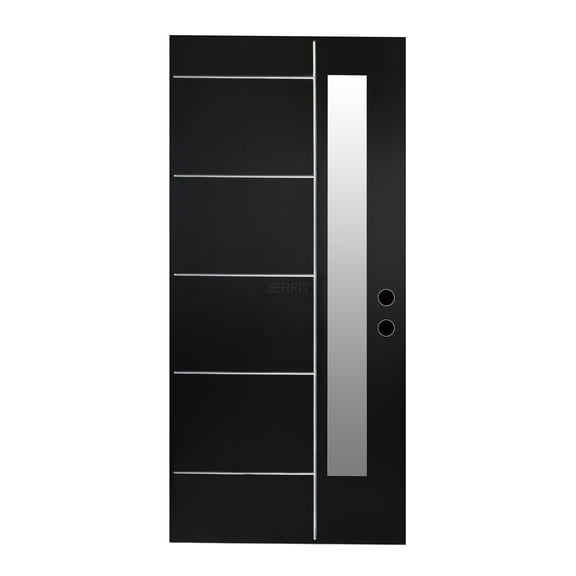 JERFIT Fiberglass Front Entry Door Slab, 36 x 80 Inch Black Left Hand Inswing With Frosted Glass Panel