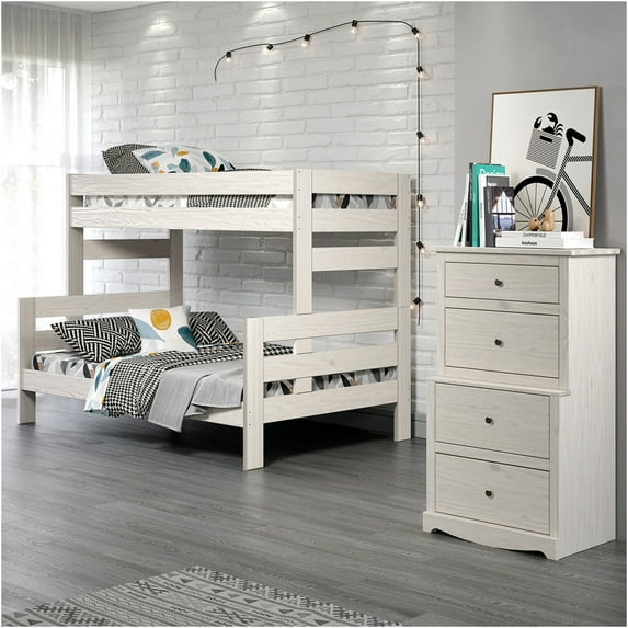 JERFIT White Solid Wood Bunk Bed, Twin Size Rustic Farmhouse Plank Design with Headboard/Footboard Ladder, Space-Saving Bed Frame for Guest Room