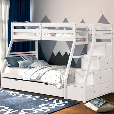 JERFIT White Twin Over Full Bunk Bed with Storage Drawers, Stairs & Guard Rails, Space-Saving Bunkbed with Lock-Joint Structure