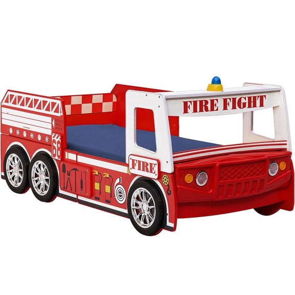 JERFIT Fire Truck Toddler Bed with LED Lights, Twin Size MDF Floor Bed Frame for Boys Girls, White and Red Race Car Theme