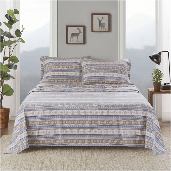 JERFIT Flannel Sheet Set 3-Piece Twin Size - Brushed Cotton Multicolor Snowflake Pattern for Warmth & Comfort