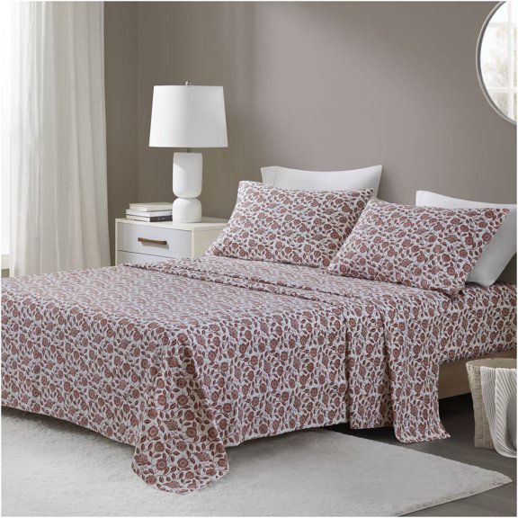 JERFIT Flannel Sheet Set 4-Piece Full Size - Rust Floral Print 100% Cotton Oversized Bedding Set with 18" Deep Pockets