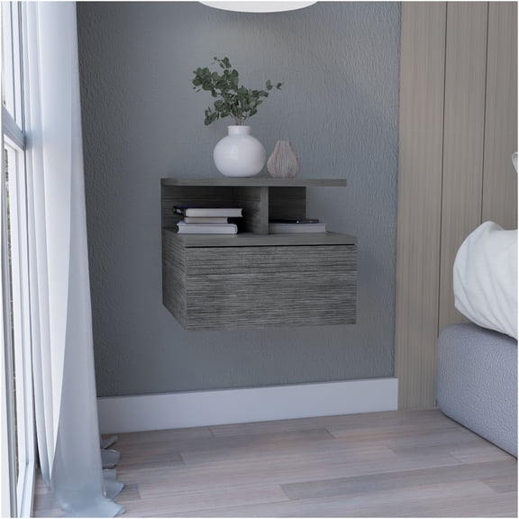JERFIT Floating Nightstand Wall Mounted with Drawer, 2-Tier Shelf, Smokey Oak Finish, Space-Saving Bedside Table