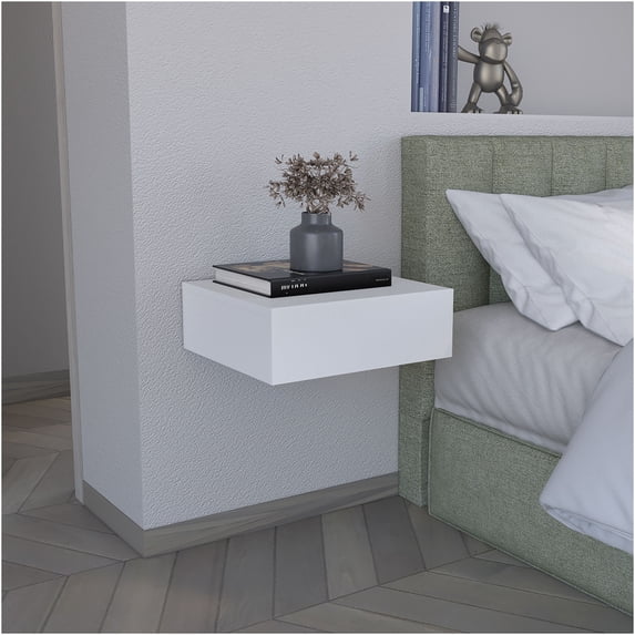 JERFIT Floating Nightstand Wall Mounted with Drawer, Modern White Bedside Table Shelf for Small Spaces, 15.7x13.4 Inch