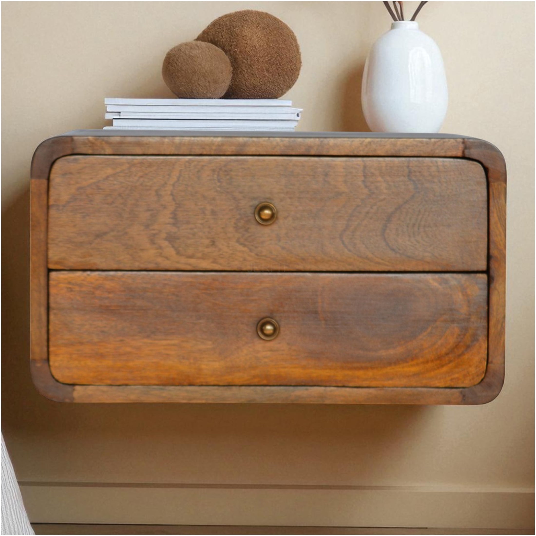 JERFIT Floating Nightstand with 2 Drawers, Modern Solid Wood Bedside ...