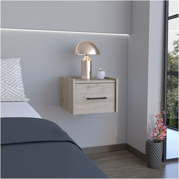 JERFIT Floating Nightstand with Drawer, Wall Mount Bedside Table, Space Saving Design, Engineered Wood, Light Gray