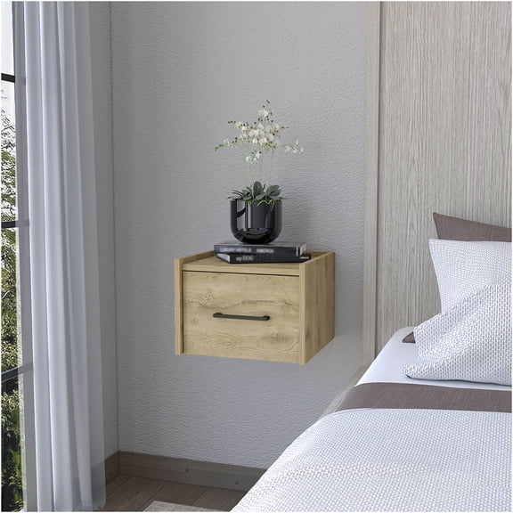 JERFIT Floating Nightstand with Drawer, Wall Mount Bedside Table for Small Spaces, Beige Storage Cabinet