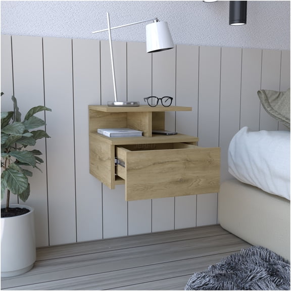 JERFIT Floating Nightstand with Drawer, Wall Mount Bedside Table for Small Spaces, Beige