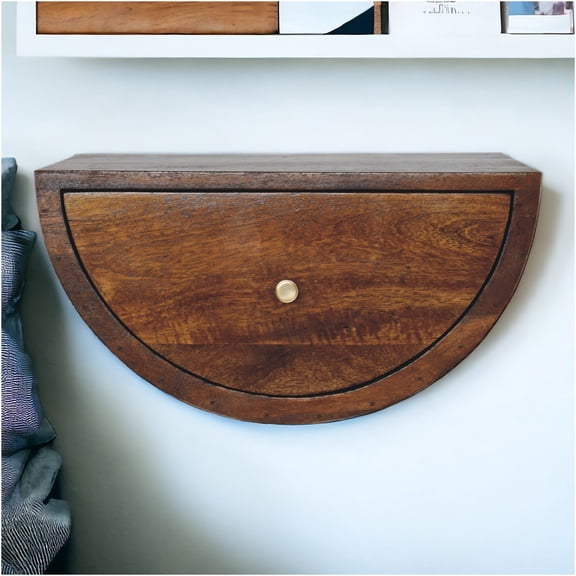 JERFIT Floating Nightstand with Drawer, Wall Mounted Crescent Shelf, Solid Wood Bedside Table, Modern Bedroom Storage, Brown Chestnut Finish