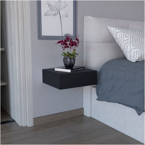 JERFIT Floating Nightstand with Drawer, Wall Mounted End Table Side Table for Bedroom, Space Saving Storage Cabinet, Black