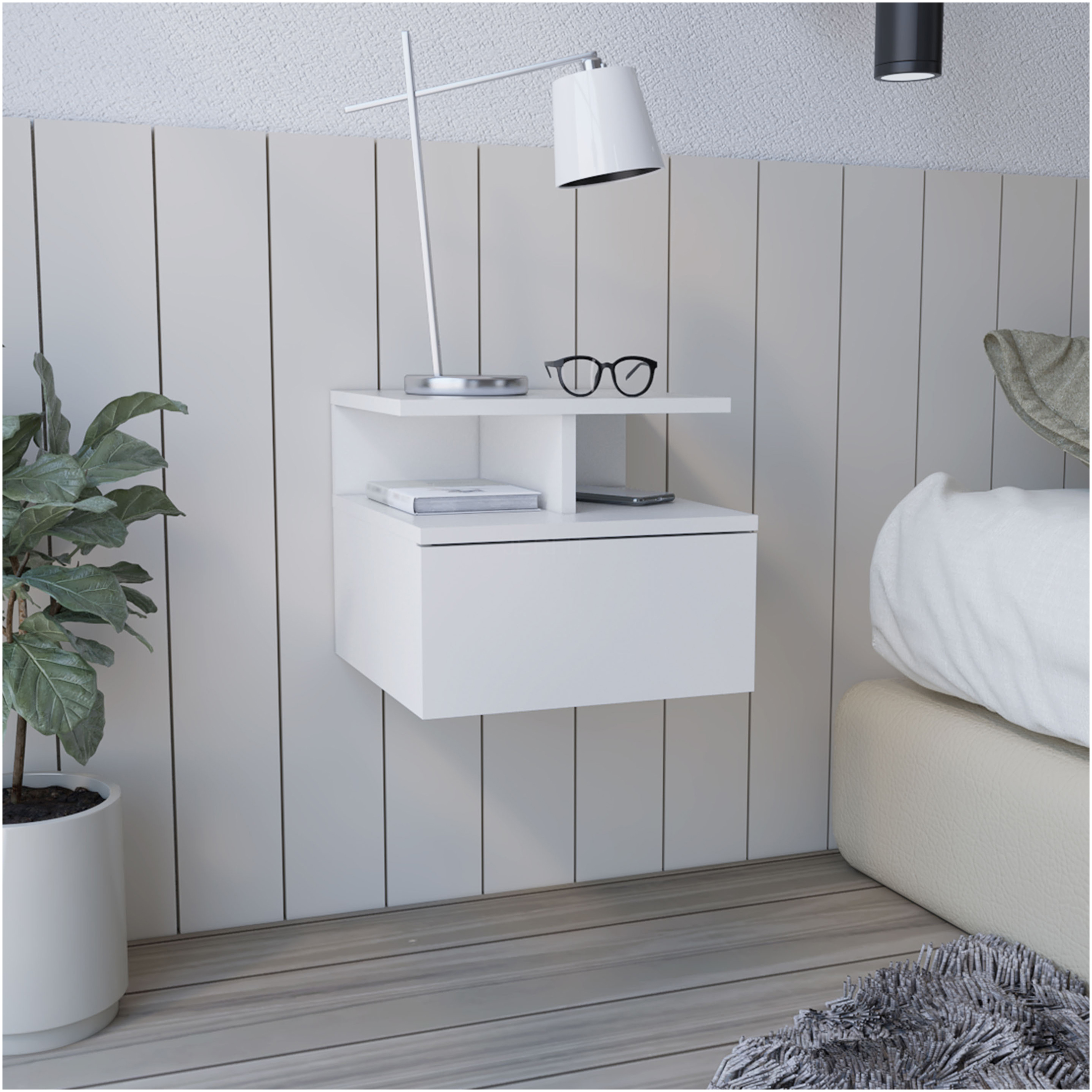 JERFIT White Floating Nightstand with Drawer, Wall Mount Bedside Table ...