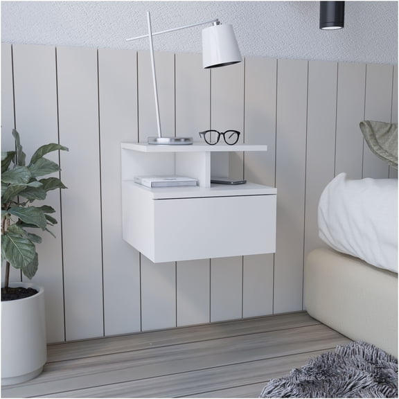 JERFIT White Floating Nightstand with Drawer, Wall Mount Bedside Table for Small Spaces, Space Saving Bedroom Storage Cabinet