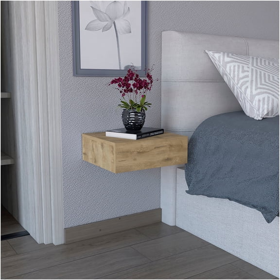 JERFIT Floating Nightstand with Drawer, Wall Mounted End Table for Bedroom, Beige Particle Board, Space Saving Bedside Table with Storage