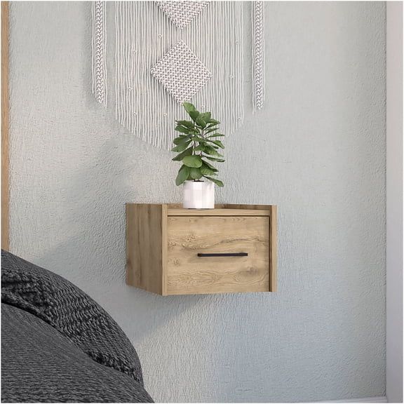 JERFIT Floating Nightstand with Drawer, Wall Mounted End Table for Small Spaces, Beige Bedside Table with Storage
