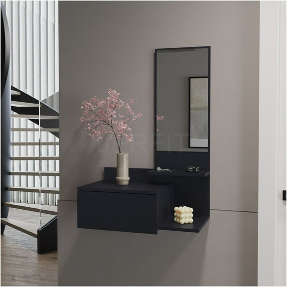 JERFIT Floating Wall Mounted Hallway Entryway Cabinet with Mirror and Drawer, Black Engineered Wood Console Table for Small Space
