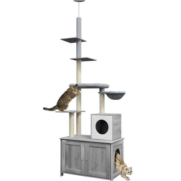 JERFIT Floor to Ceiling Cat Tree with Hidden Litter Box Enclosure, 2-in-1 Multi-Level Cat Tower with Condo, Hammock, Perch, Plush Bed & Scratching Posts for Indoor Cats, Grey Polyester