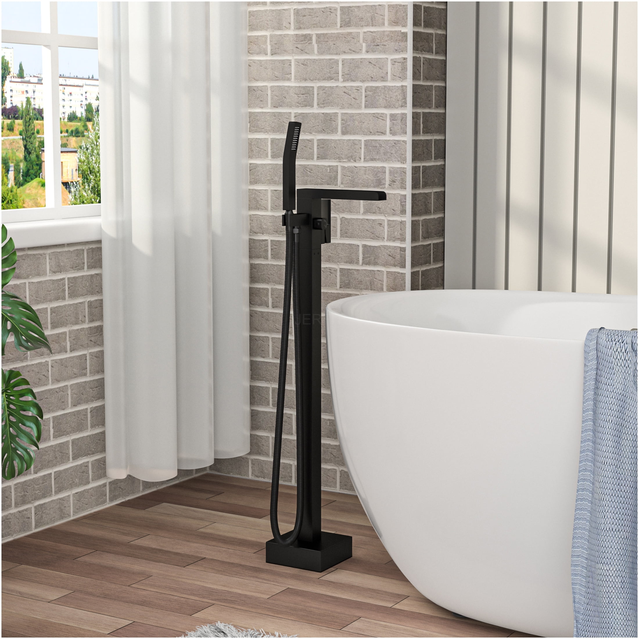 JERFIT Floor Mounted Tub Filler with Hand Shower, 360° Rotatable Matte Black Waterfall Spout, Solid Brass Freestanding Bathtub Faucet for Modern Bathroom