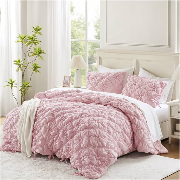 JERFIT Floral 3-Piece King Comforter Set, Pink Shabby Chic Microfiber Bedding Set with Decorative Shams, All-Season Puffy Quilted Duvet Insert