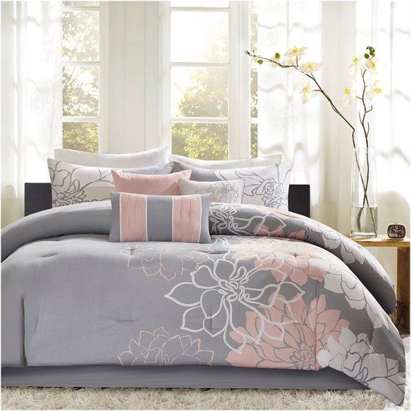 JERFIT Floral Print King Comforter Set 7-Piece, Grey and Peach Bedding Set with Comforter, Bed Skirt, Shams & Decorative Pillows