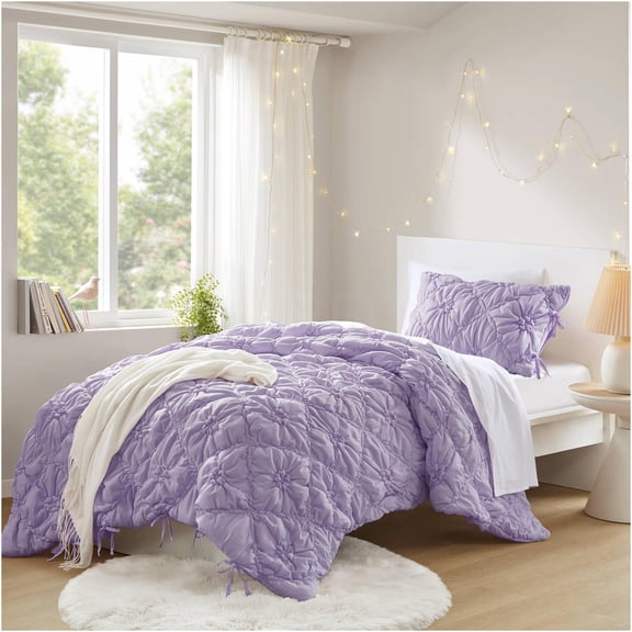 JERFIT Floral Twin Comforter Set with Shams, Purple Shabby Chic Bedding, All-Season Puffy Microfiber Comforter