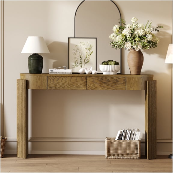 JERFIT Fluted Leg Console Table with 2 Drawers, Oval Entryway Table with Storage, Solid Wood & MDF Farmhouse Sofa Table for Living Room, Hallway, Pine Wood Finish