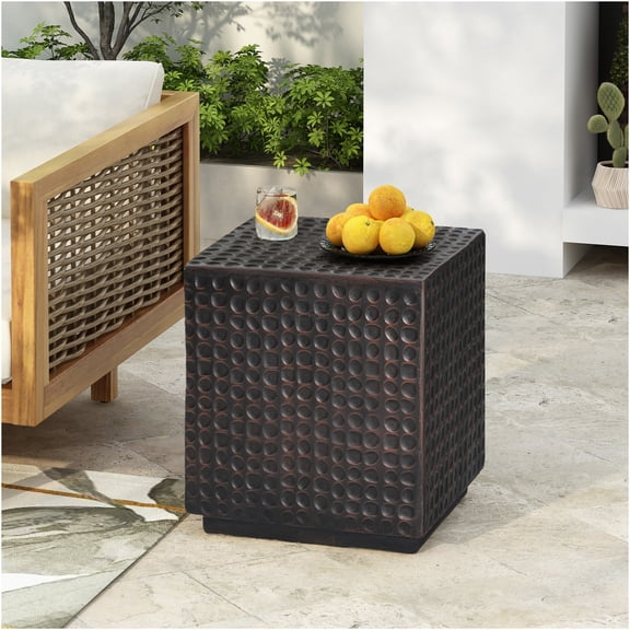 JERFIT Fluted Pedestal Side Table, Lightweight MGO Outdoor End Table for Patio Garden Pool, Antique Copper Accent Cube, No Assembly