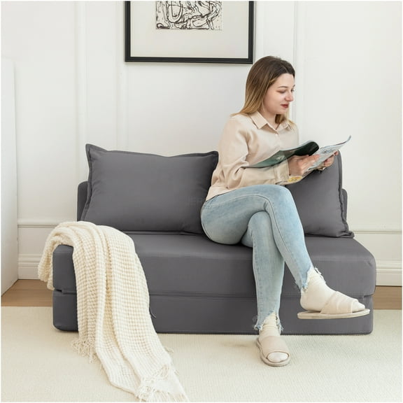 JERFIT Foldable Convertible Sofa Bed Memory Foam Floor Couch with Lumbar Pillow, Corduroy Sleeper Chair for Small Space, Guest Room, Dorm, Apartment, Gray