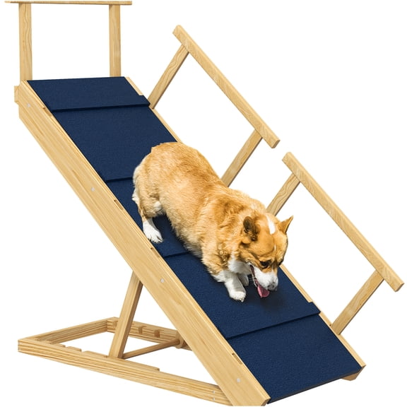 JERFIT Foldable Dog Ramp for High Beds, Adjustable Pet Ramp with Non-Slip Surface & Side Rails, Support up to 88lbs, Portable Wood Ramp for Sofa, Couch, Car, Natural Wood