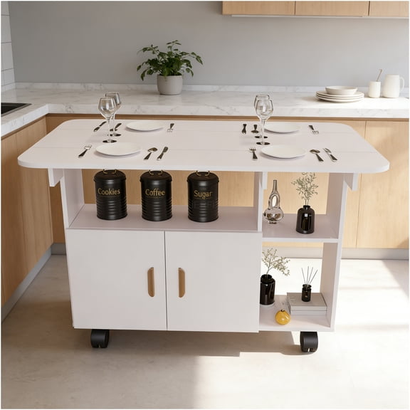 JERFIT Folding Dining Table with Wheels and Drawer, White Drop Leaf Kitchen Table, Space Saving Mobile Desk for Small Apartment, Living Room