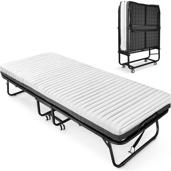 JERFIT Folding Guest Bed with 5" Memory Foam Mattress, 450lbs Capacity Foldable Rollaway Bed for Adults, Black Frame White Gray Mattress, Easy Assembly Space Saving